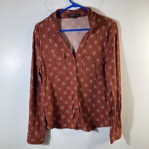 Womens Adrienne Vittadini Roll Sleeve 1/2 Button‎ Shirt XL Brown White Diamonds